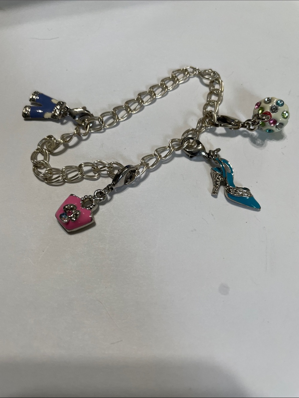 Charm-Silver Bracelet with Pink Purse & Blue Shoe Charms